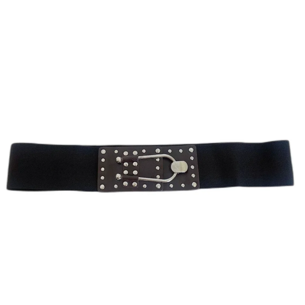 Black Chunky Elastic Belt Brown Leather Studded Clasp Boho Y2k OS
